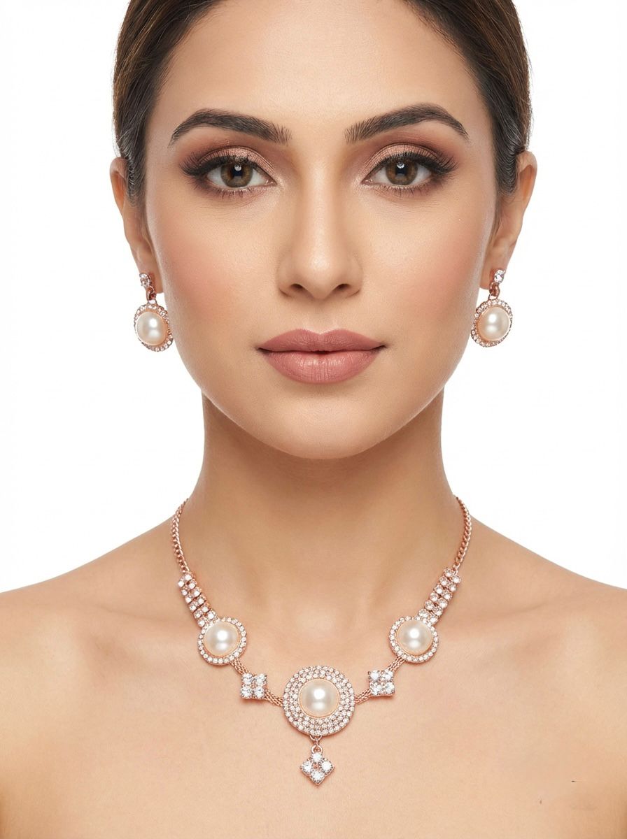 Close-up of a model wearing the dainty rose gold Korean stone necklace set for a sophisticated evening look.