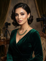 Close-up of a model wearing the elegant gold-plated brass necklace with vibrant green stones and matching studs.