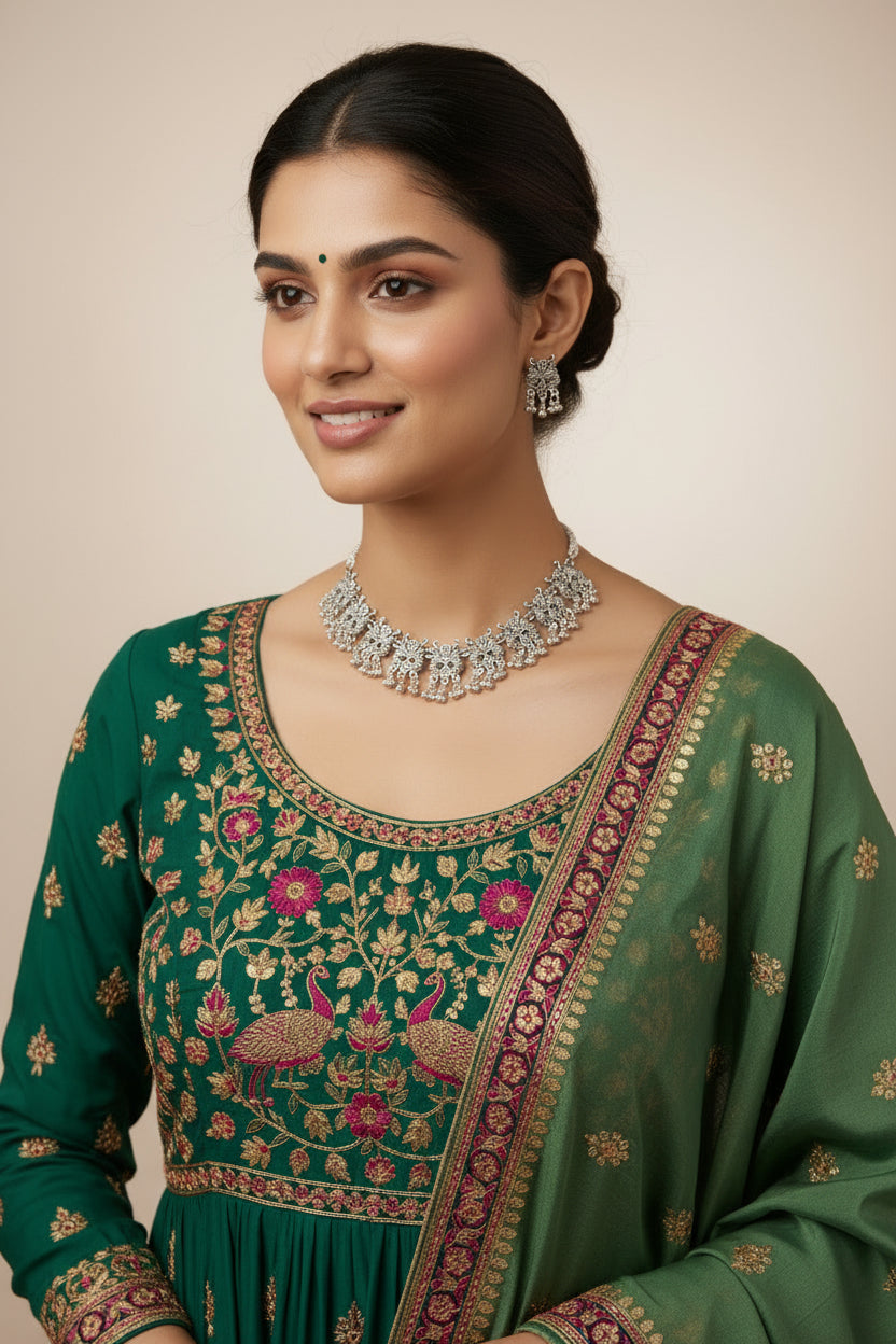 Close-up of a woman wearing a heavy oxidised choker featuring carved floral mandalas and matching tiered drop earrings.