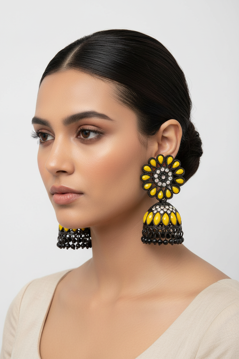 Model is wearing these earrings Close-up of black brass jhumka earrings featuring a vibrant yellow floral stone stud and matching yellow stone accents on the jhumka.