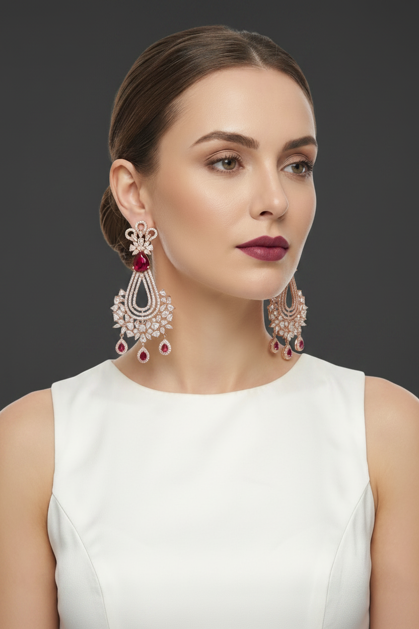 Close-up of crimson ruby red and American Diamond statement chandelier earrings showing the intricate craftsmanship.