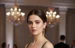 Close-up of rose gold bird-motif earrings on a model featuring white stones and a tiered bell drop.