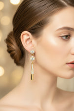 Close-up of the sparkling white American Diamond stones and the sleek rose gold finish of the Glimmer statement earrings.