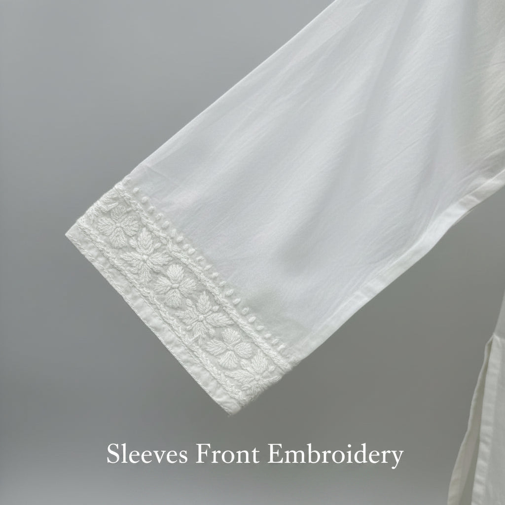 Close-up of white embroidered sleeves front pattern for boutique website page.