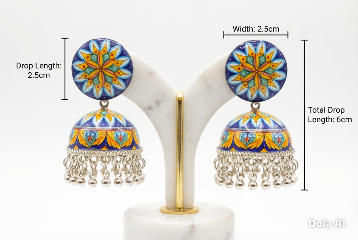 Colourful jhumka earrings with measurements on a white background
