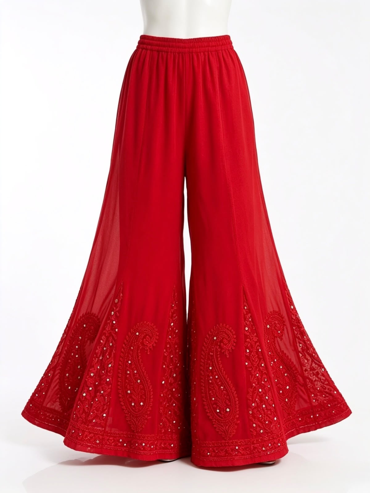 Front view of a premium crimson georgette sharara featuring intricate Akhandani embroidery and Mukaish work on a white background.