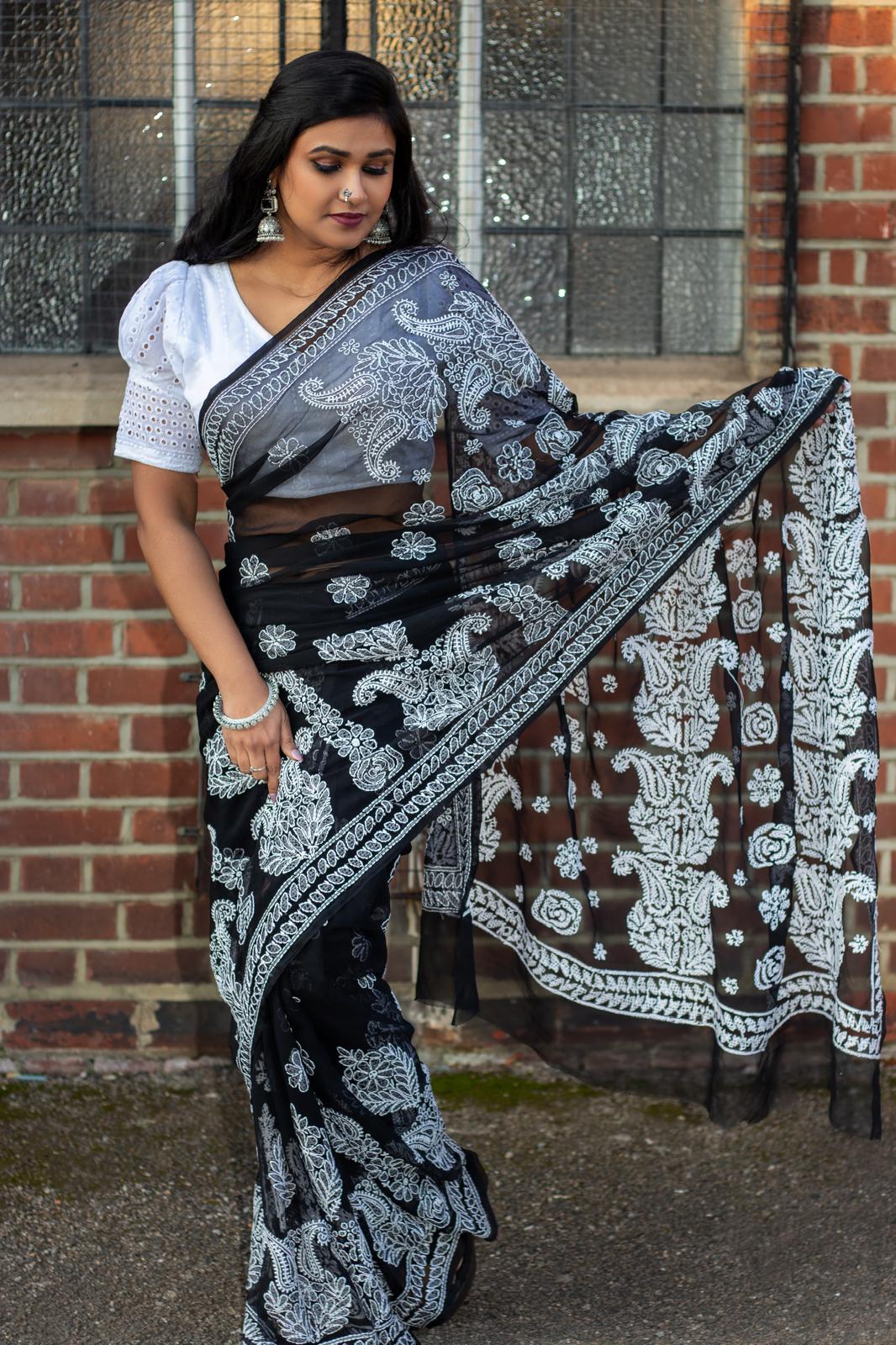 Full Jaal Chikankari Georgette Saree with Palla Keel Jaal Work – Elegant Ethnic Wear