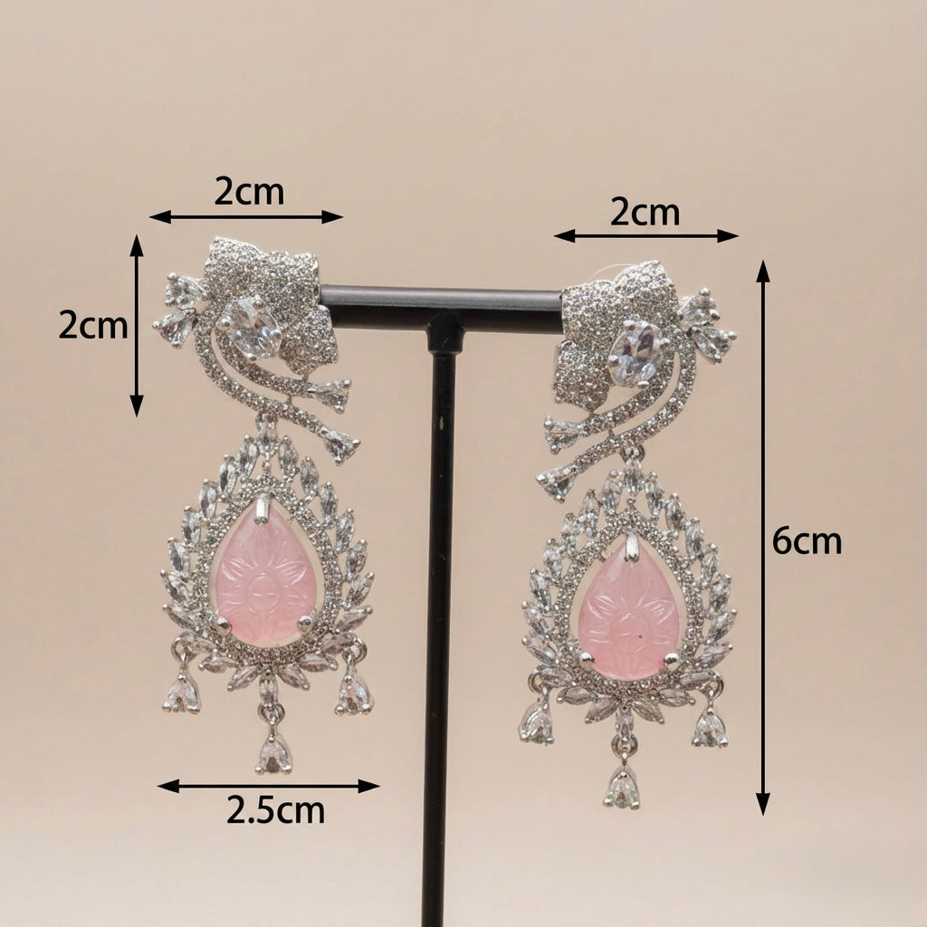 Ornate Silver-Toned American Diamond Earrings - Pink Sugar Stone Edition