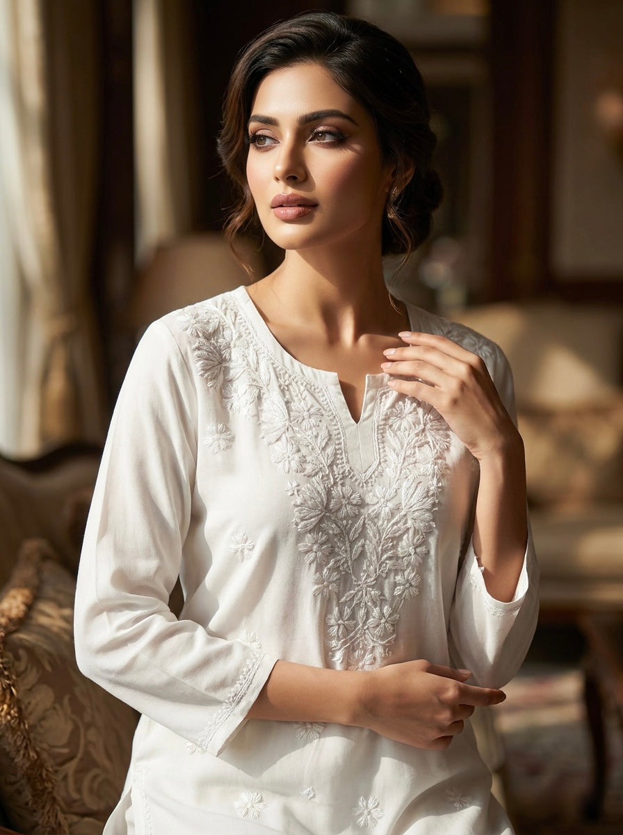 The Imperial Pearl White Tunic — Ghaspatti Hand-Embroidered Modal Kurti