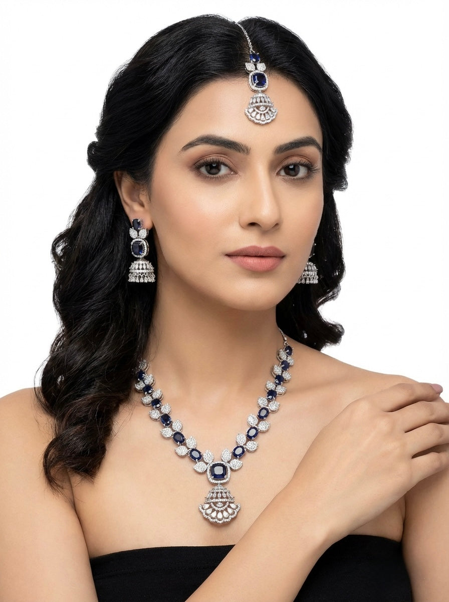 American Diamond Necklace & Earrings Set with Leaf Elements | Statement Jewellery | Famaza Couture