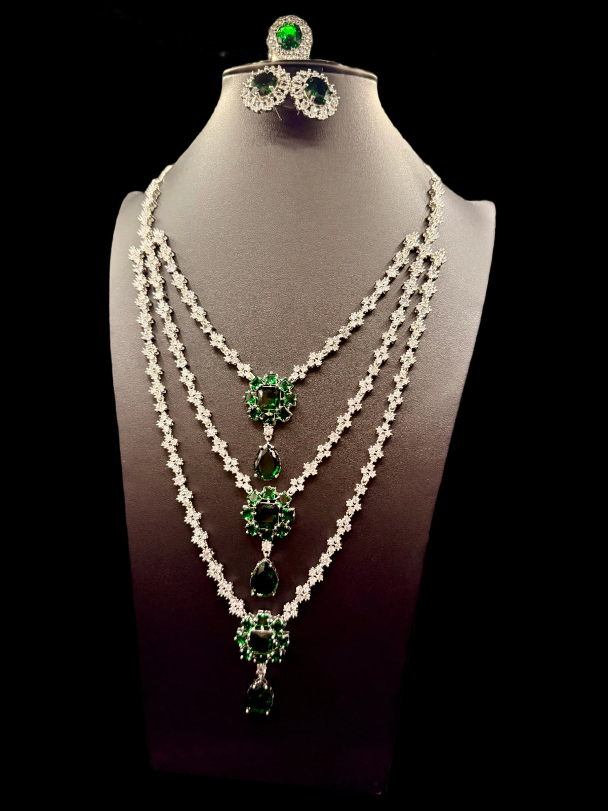 Emerald Green CZ Multi-Layer Necklace, Earring & Ring Set | Silver Tone