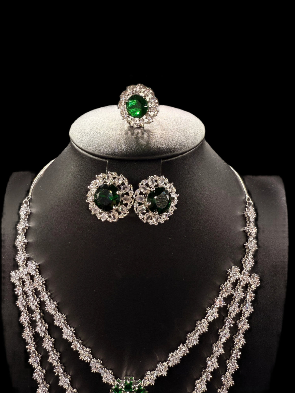 Emerald Green CZ Multi-Layer Necklace, Earring & Ring Set | Silver Tone