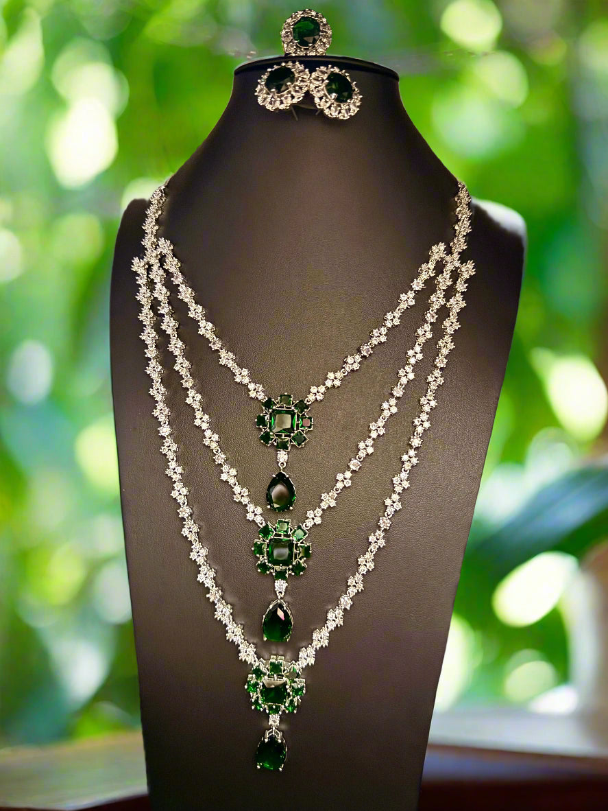 Emerald Green CZ Multi-Layer Necklace, Earring & Ring Set | Silver Tone
