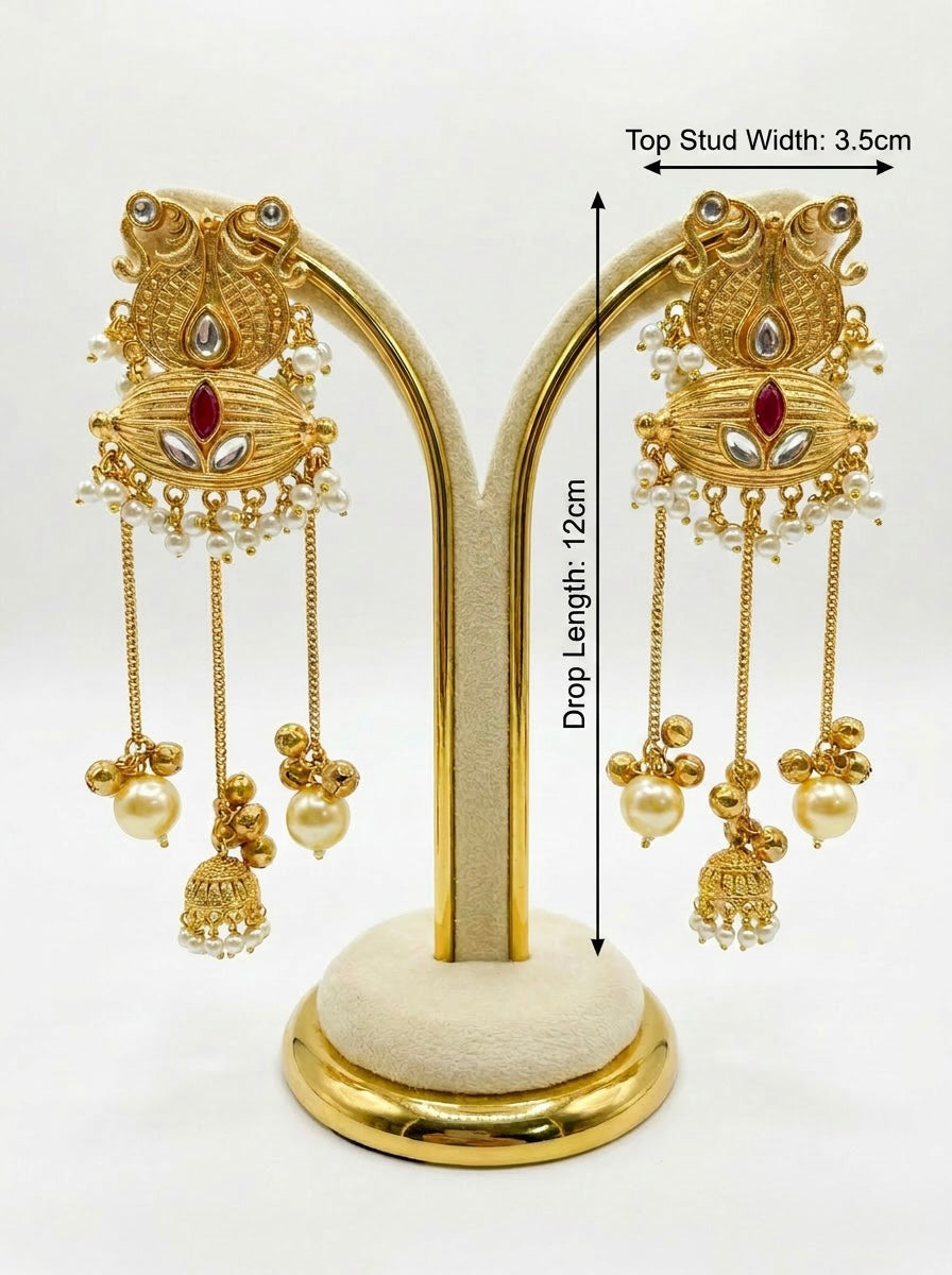 14K Gold Plated Kashmiri Jhumka Earrings | Long Kundan Party Wear Earrings