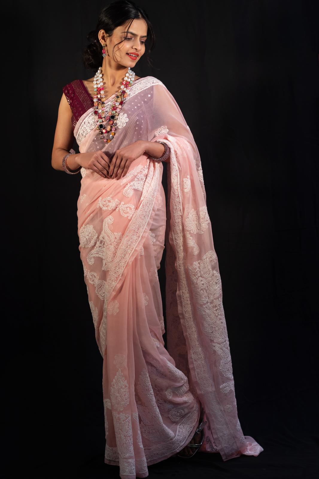 Full Jaal Chikankari Georgette Saree with Palla Keel Jaal Work – Elegant Ethnic Wear