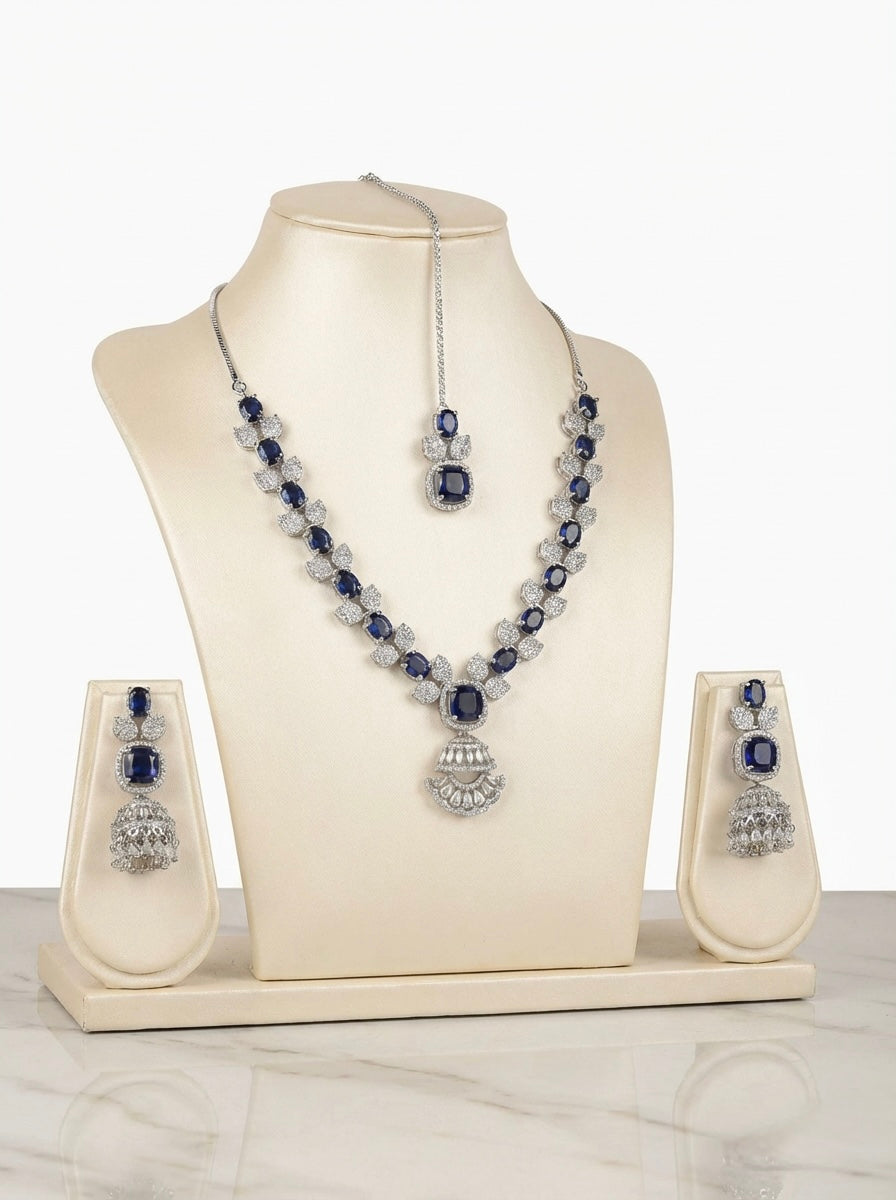 American Diamond Necklace & Earrings Set with Leaf Elements | Statement Jewellery | Famaza Couture