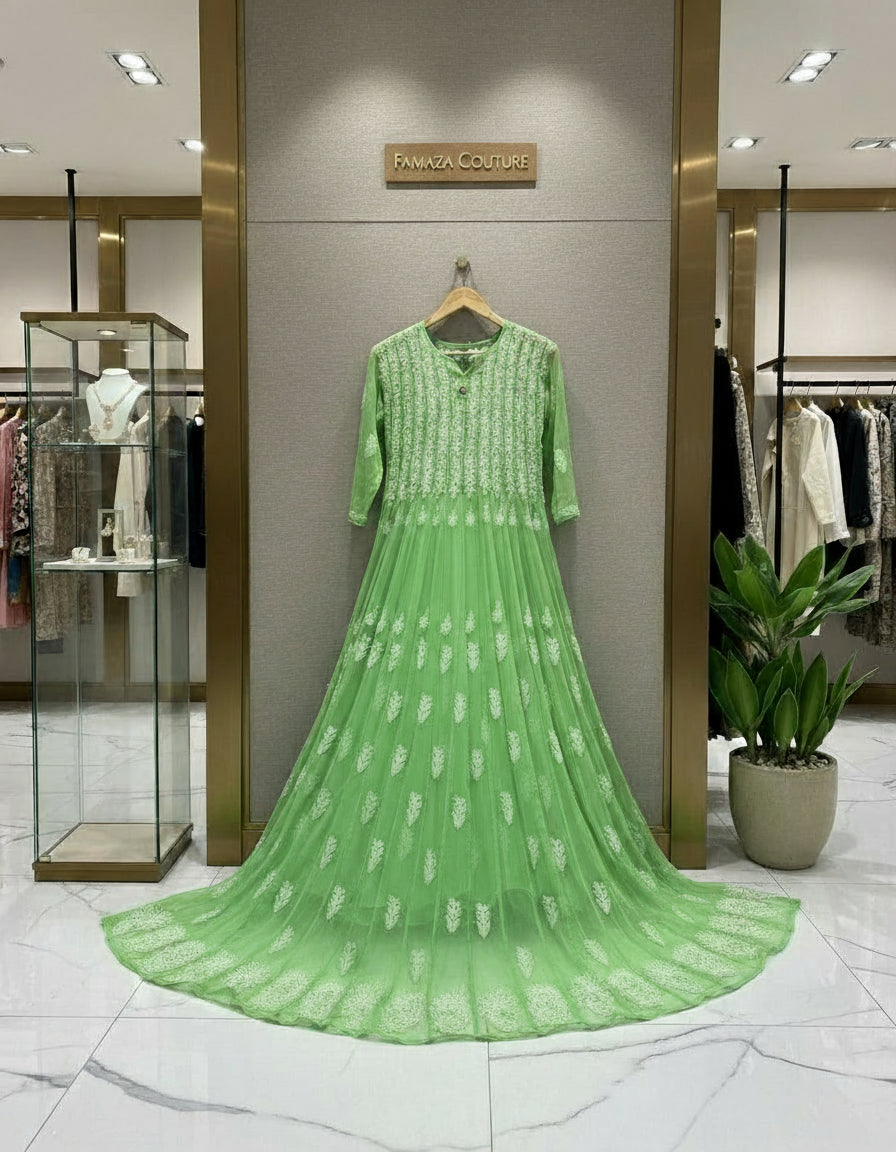 56-Kali Chikankari Anarkali Chiffon Dress – Hand-Embroidered Lucknowi Ethnic Wear