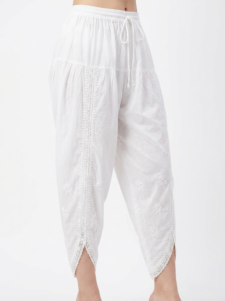 Cotton Hand-Embroidered Chikankari Dhoti Pants - Traditional Indian Tulip/Salwar/Trousers-White | Famaza Couture
