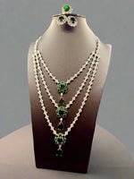 Emerald Green CZ Multi-Layer Necklace, Earring & Ring Set | Silver Tone