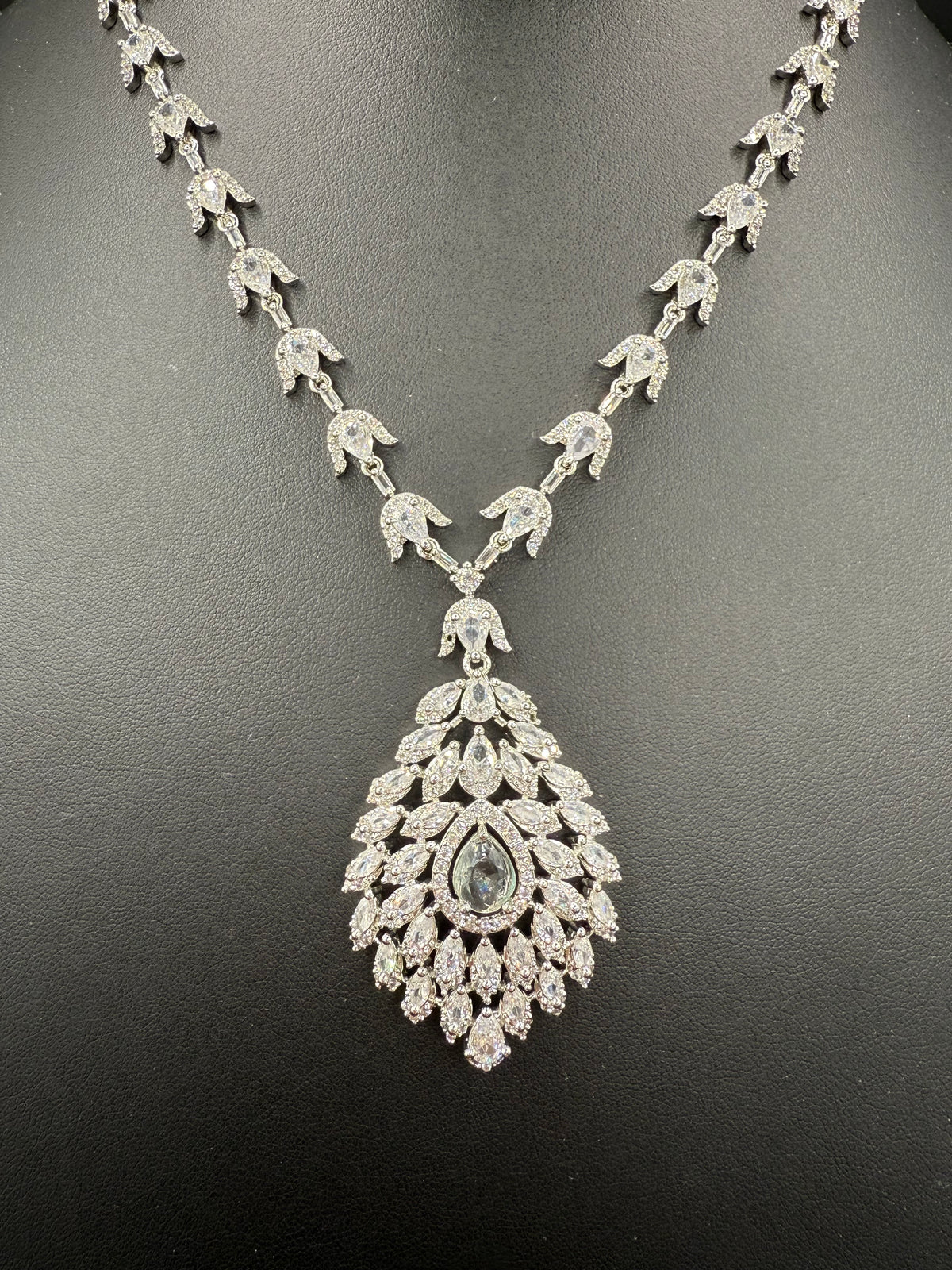 American Diamond & Emerald Necklace Set - Leaf Design | Famaza Couture