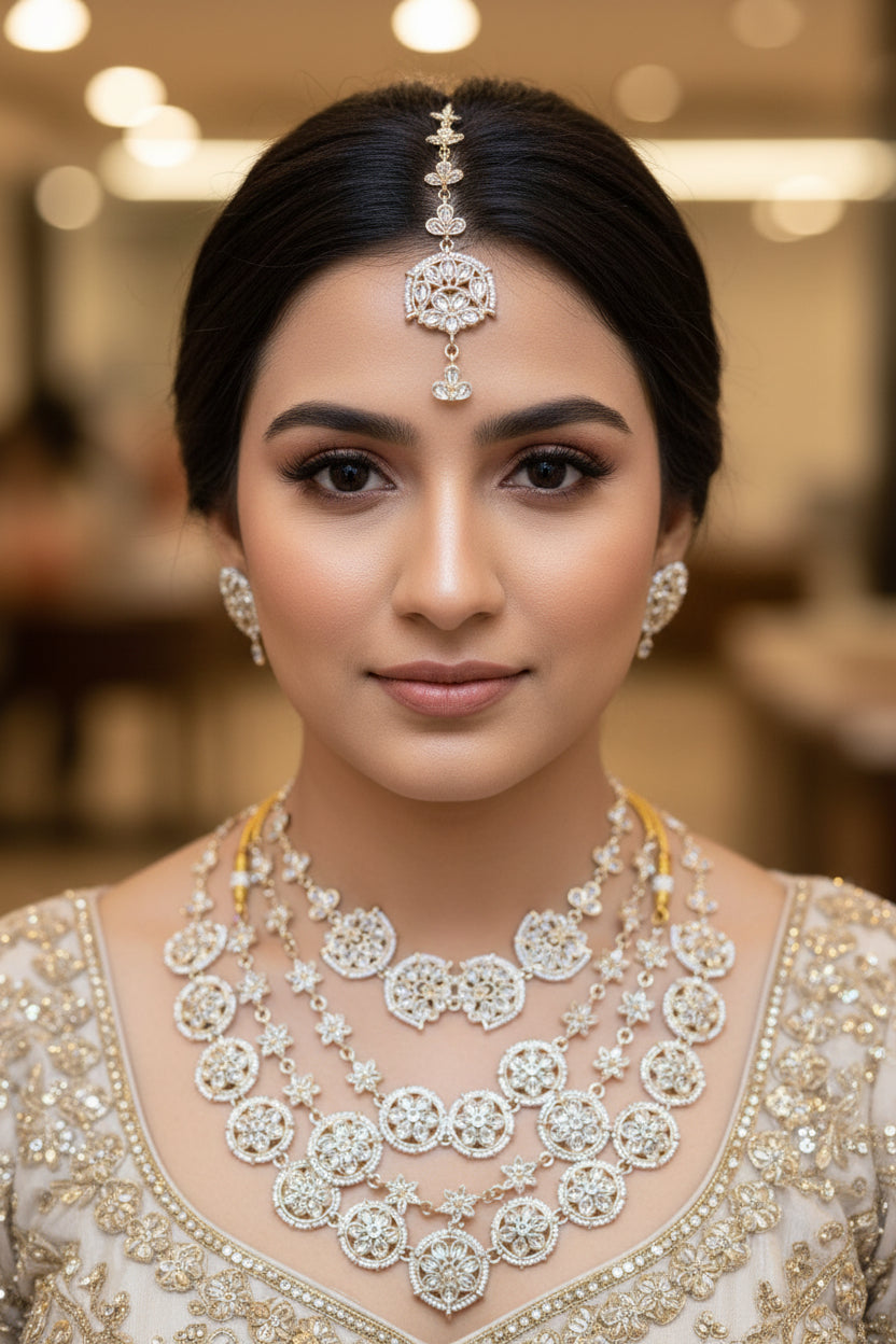 Detailed close-up of floral Kundan motifs and white pearl layering on a traditional Indian bridal necklace set.