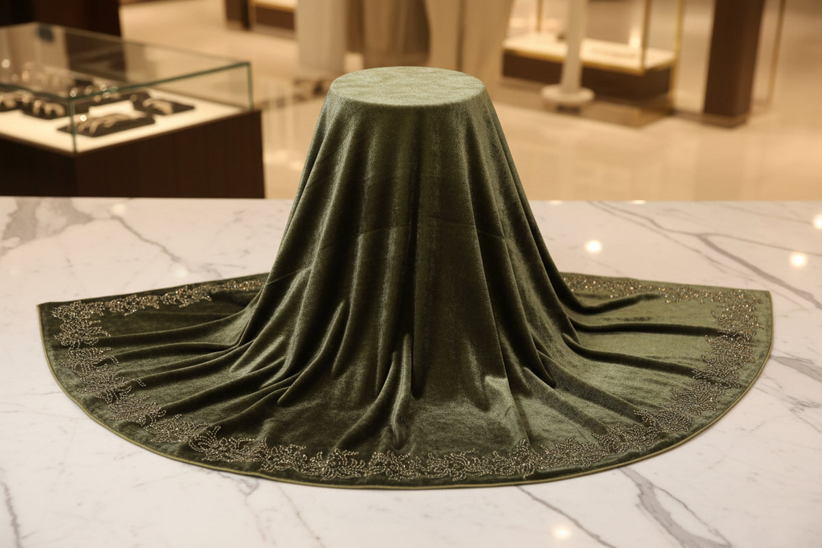 Display this green velvet stole with Swarovski work and floral patterns in a posh style.