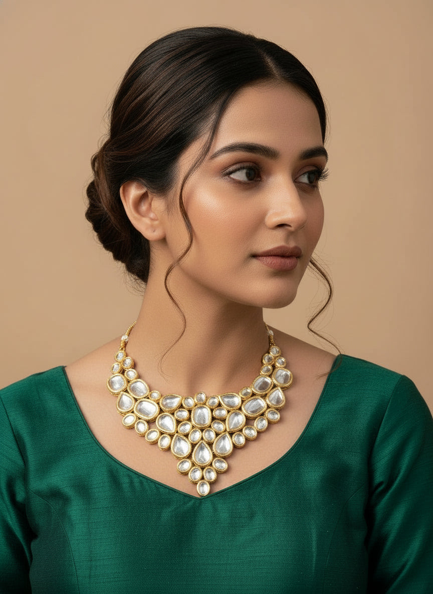 Drop oval gold kundan necklace and earrings by famaza couture