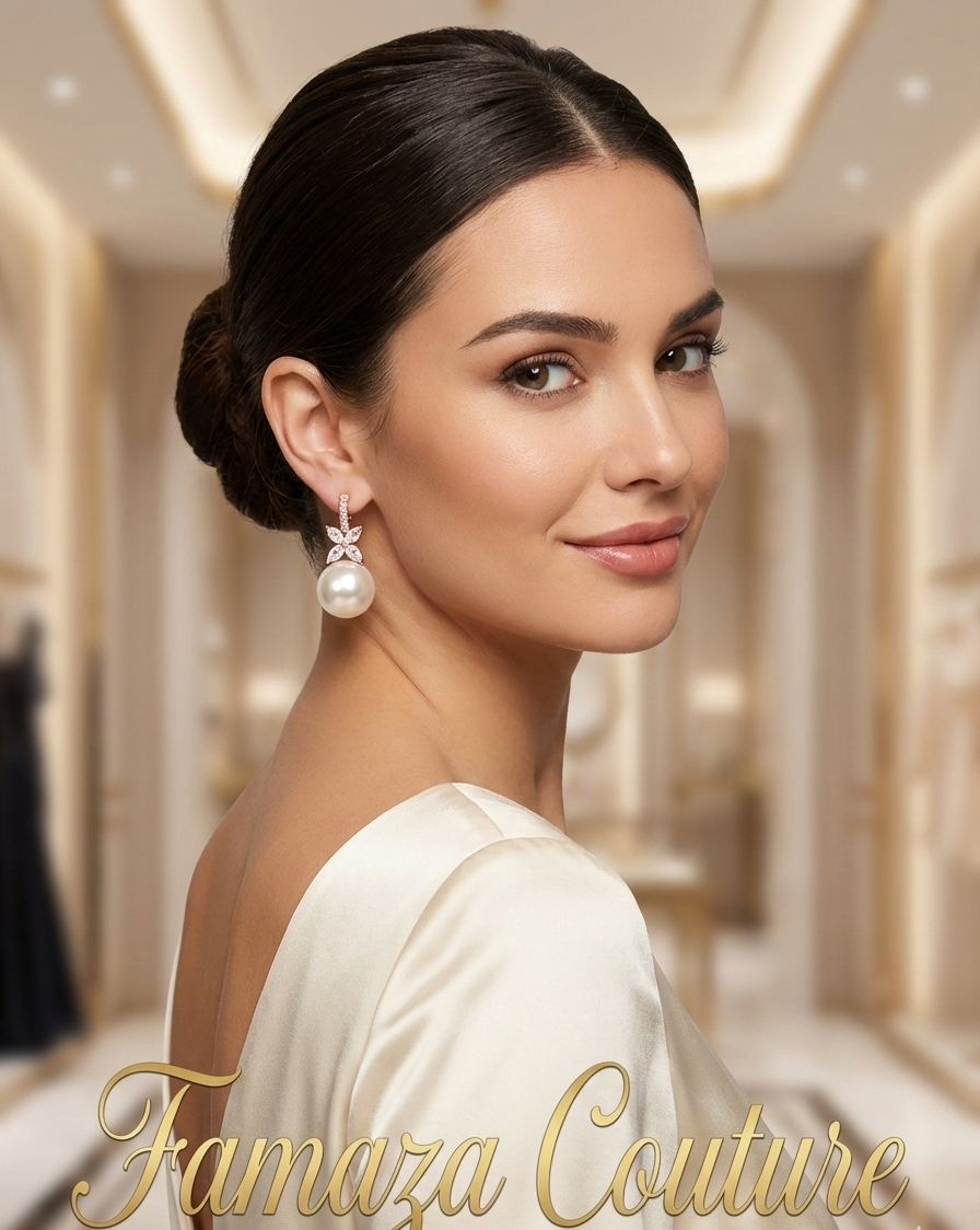 Woman wearing elegant earrings with 'Famaza Couture' branding in a luxurious setting.