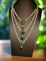 Emerald Green CZ Multi-Layer Necklace, Earring & Ring Set | Silver Tone