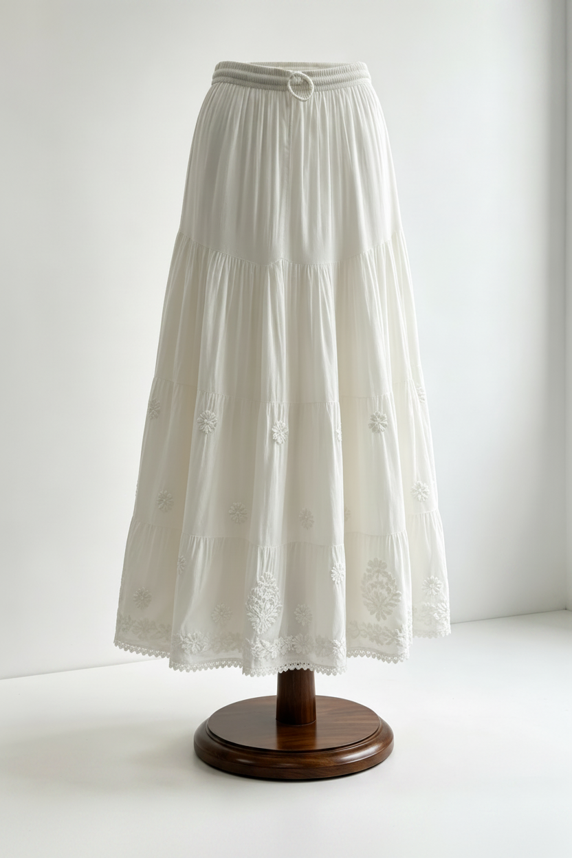 White premium rayon skirt with dense ghasspati work on bottom two flare layers