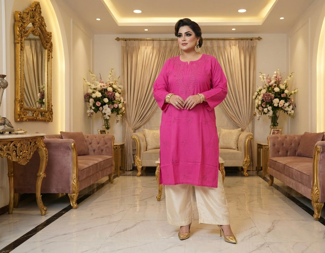 Plus Size Chikankari Cotton Kurti | 8XLā14XL | Elegant Shirt Dress ā Famaza Couture