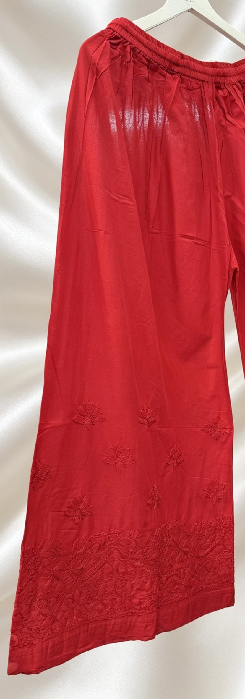 Crimson Red Hand-Embroidered Chikankari Wide-Leg Trousers