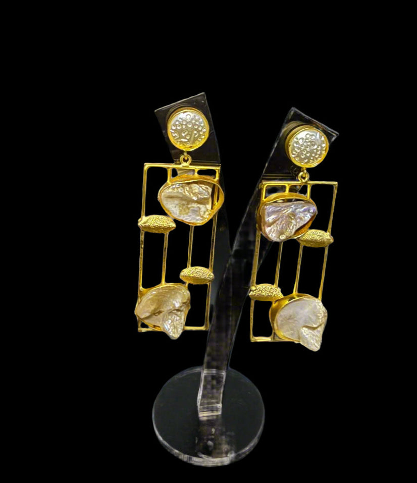 Gold plated Mother of pearls drop Earrings | Handcrafted Statement Jewellery – Famaza Couture