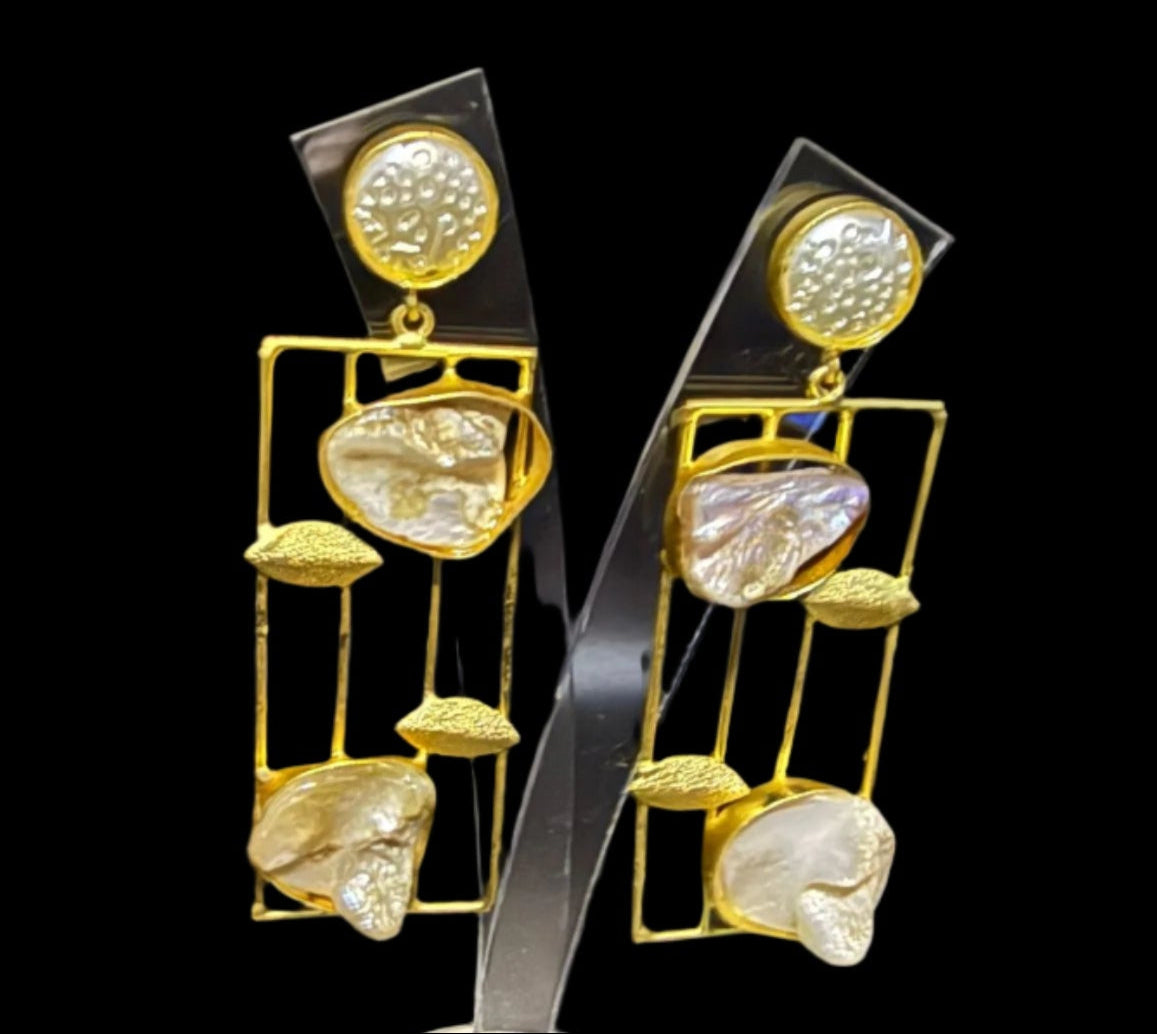 Gold plated Mother of pearls drop Earrings | Handcrafted Statement Jewellery – Famaza Couture
