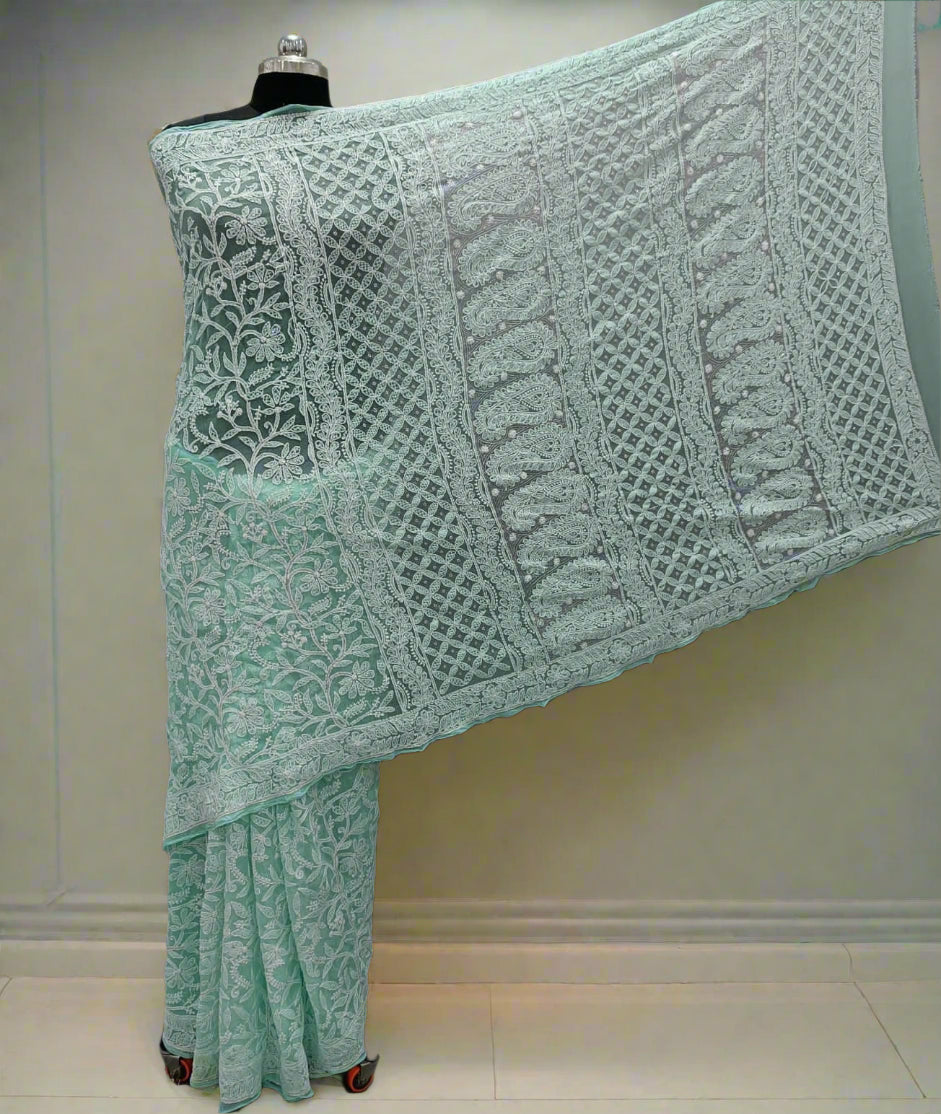 Full Jaal Chikankari Georgette Saree with Palla Keel Jaal Work – Elegant Ethnic Wear