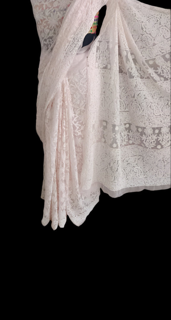 Full Jaal Chikankari Georgette Saree with Palla Keel Jaal Work – Elegant Ethnic Wear