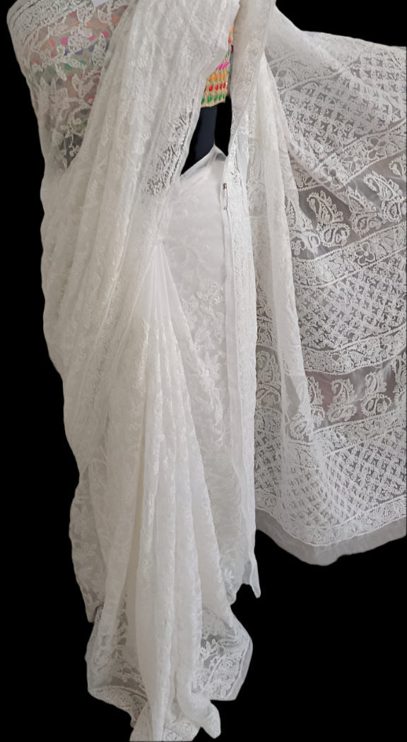 Full Jaal Chikankari Georgette Saree with Palla Keel Jaal Work – Elegant Ethnic Wear