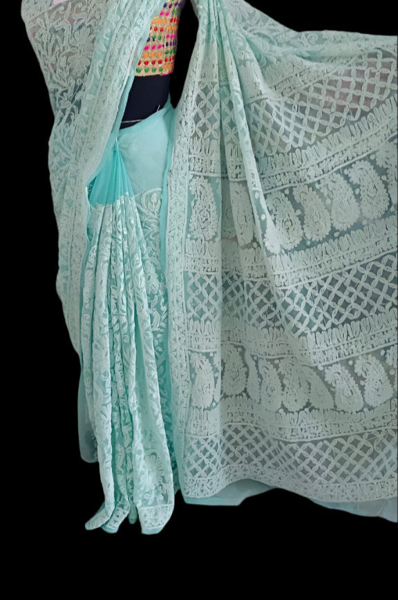 Full Jaal Chikankari Georgette Saree with Palla Keel Jaal Work – Elegant Ethnic Wear