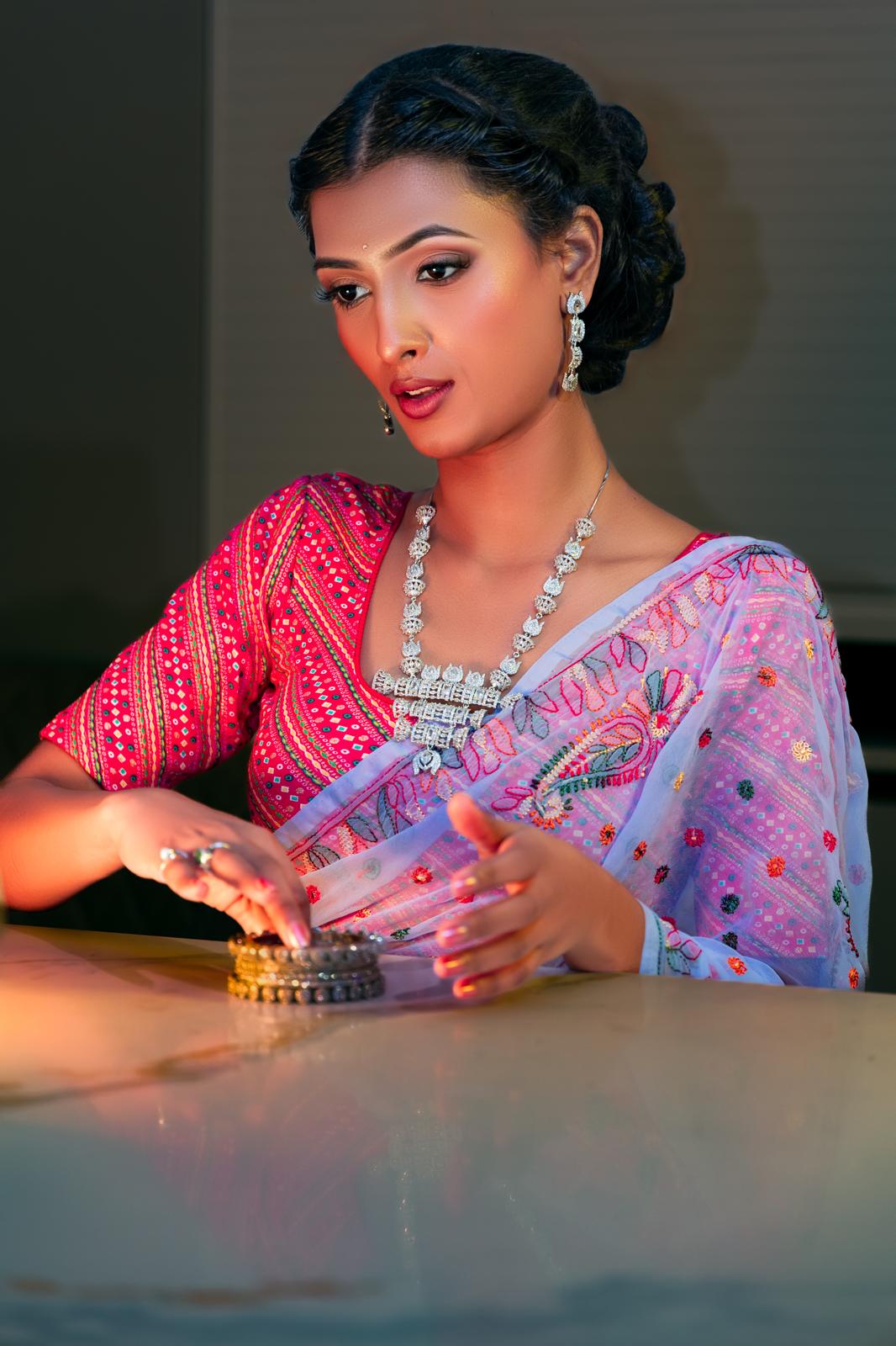 Georgette Saree with chikankari Keel Jaal Embroidery – Elegant Palla Work | Famaza Couture