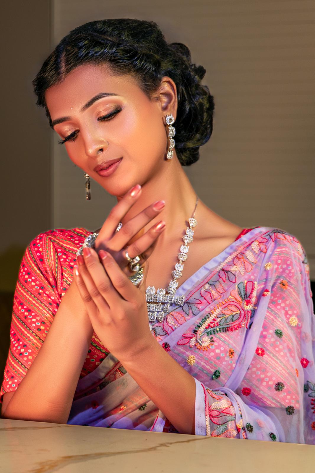 Georgette Saree with chikankari Keel Jaal Embroidery – Elegant Palla Work | Famaza Couture