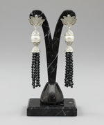Earrings with Lotus flower stud than white pearl and than black colour glass beads multi layers in hanging design.