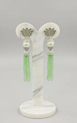 Earrings with Lotus flower stud than white pearl and than lime green colour glass beads multi layers in hanging design.
