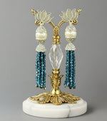 Earrings with Lotus flower stud than white pearl and than navy blue colour glass beads multi layers in hanging design.