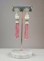 Earrings with Lotus flower stud than white pearl and than pink colour glass beads multi layers in hanging design.