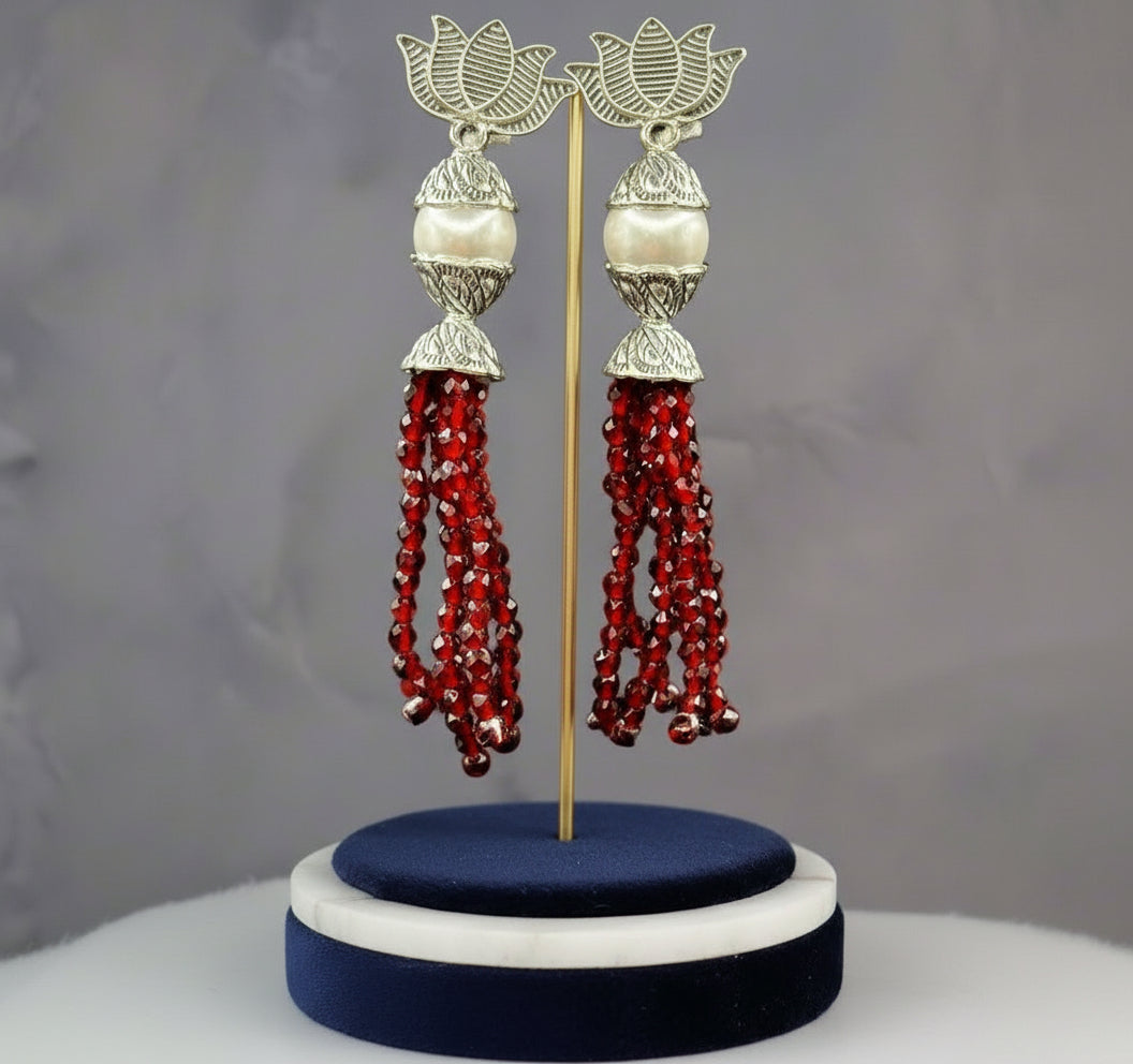 Earrings with Lotus flower stud than white pearl and than red colour glass beads multi layers in hanging design.