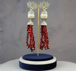 Earrings with Lotus flower stud than white pearl and than red colour glass beads multi layers in hanging design.