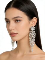 Model wearing Model Earringsshowcasing a pair of intricate, dramatic silver crystal drop earrings with a floral motif and a crescent shape.