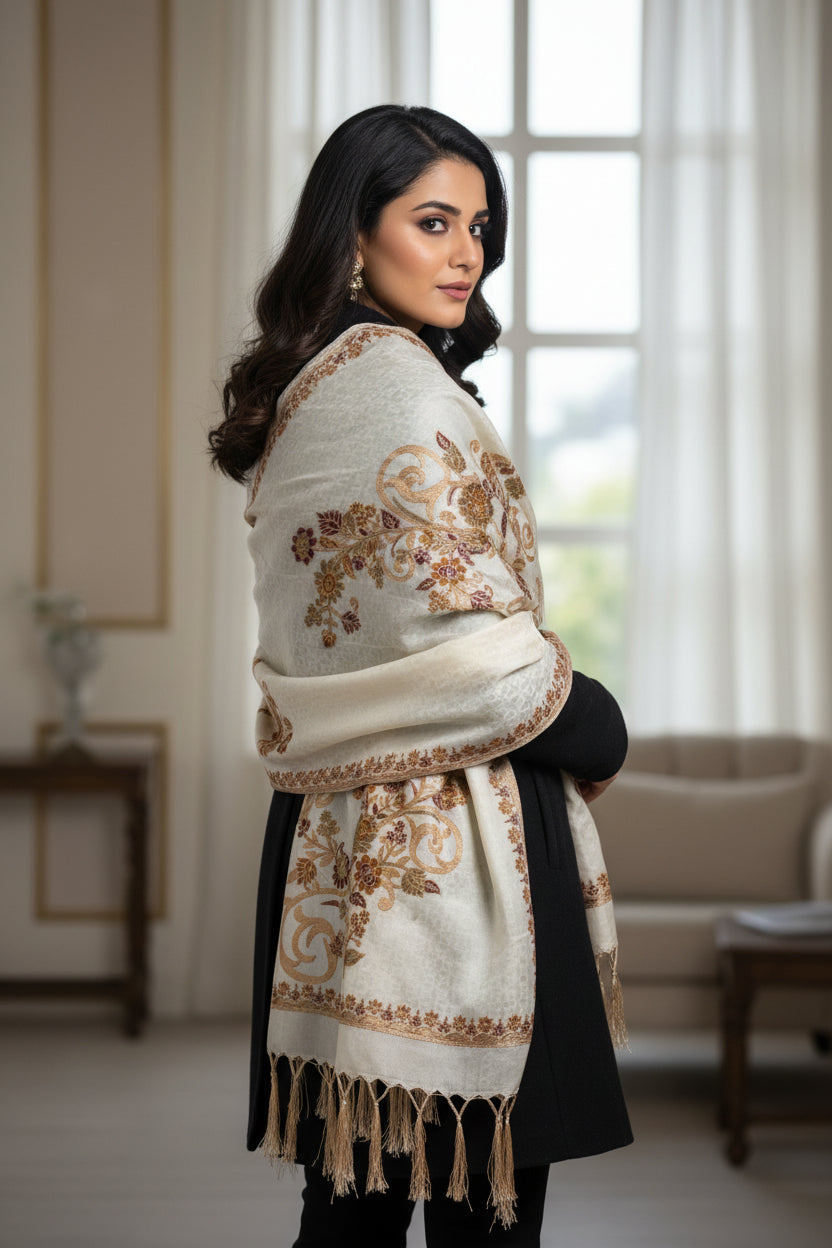 Elegant Kashmiri Aari embroidered Marina scarf/shawl draped loosely around model shoulders with long tassels, soft lightweight fabric, floral embroidery, neutral tones, stylish winter accessory, high-detail textile texture.