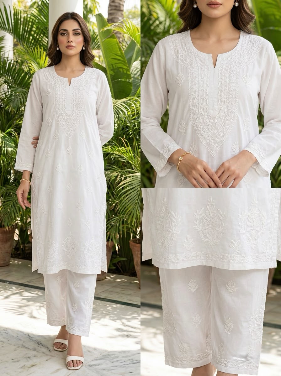 Woman wearing an elegant white cotton Chikankari kurta and plazo set with traditional Ghasspati embroidery.