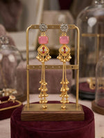 Elegant gold-toned laurel leaf earrings featuring a soft pink-colored cushion-cut stone drop.